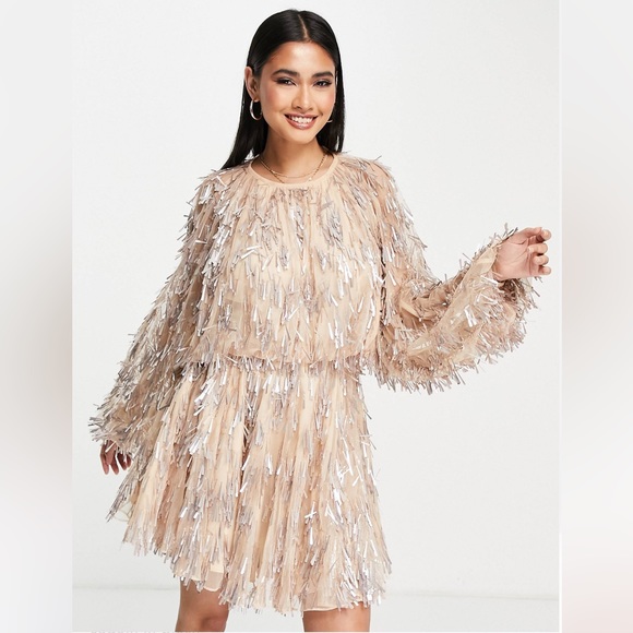 ASOS EDITION blouson sleeve mini dress with teardrop sequin in blush - Picture 2 of 4